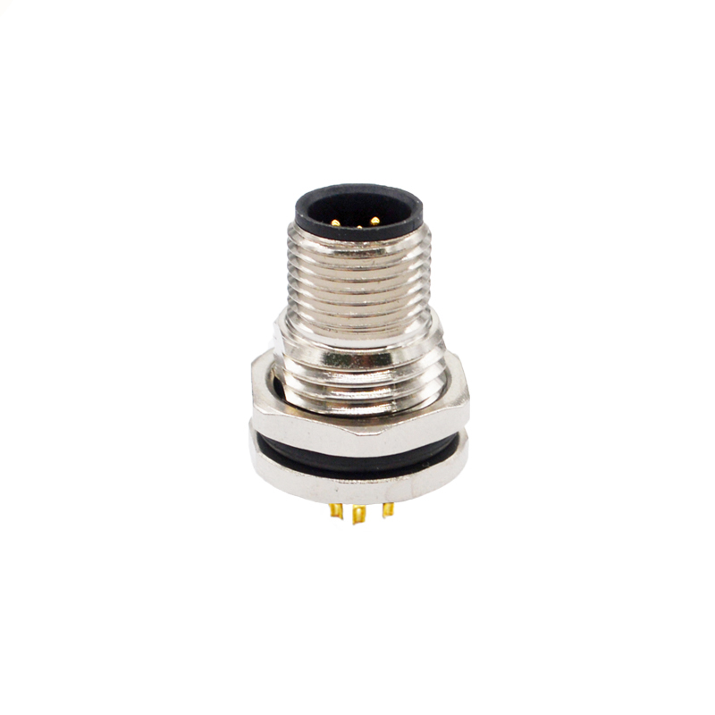 M12 3pins A code male straight front panel mount connector PG9 thread,unshielded,solder,brass with nickel plated shell